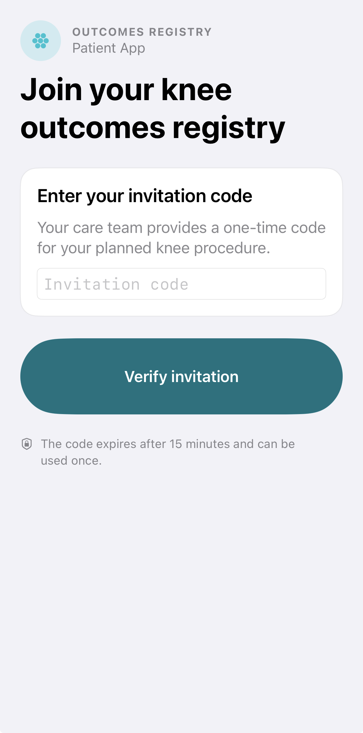 Outcomes Registry patient app invitation screen